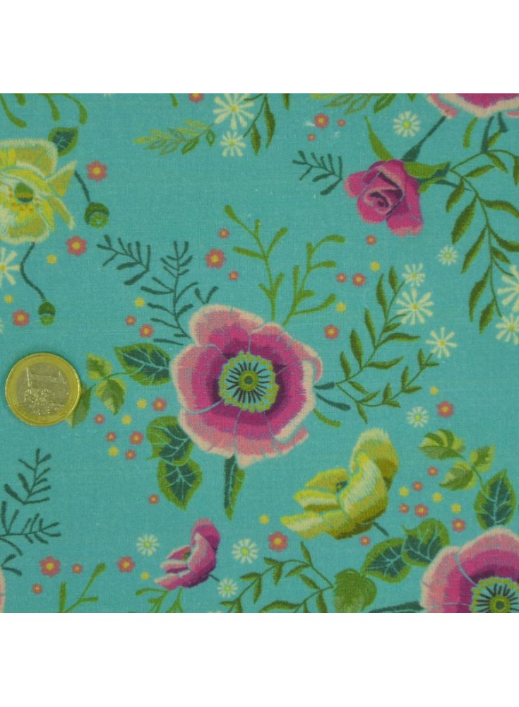 Percale Harriet fleur fond turquoise