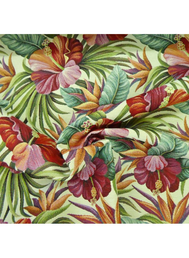 Tissu Jacquard Grandes fleurs Lagende sur fond Blanc - Par 10 cm