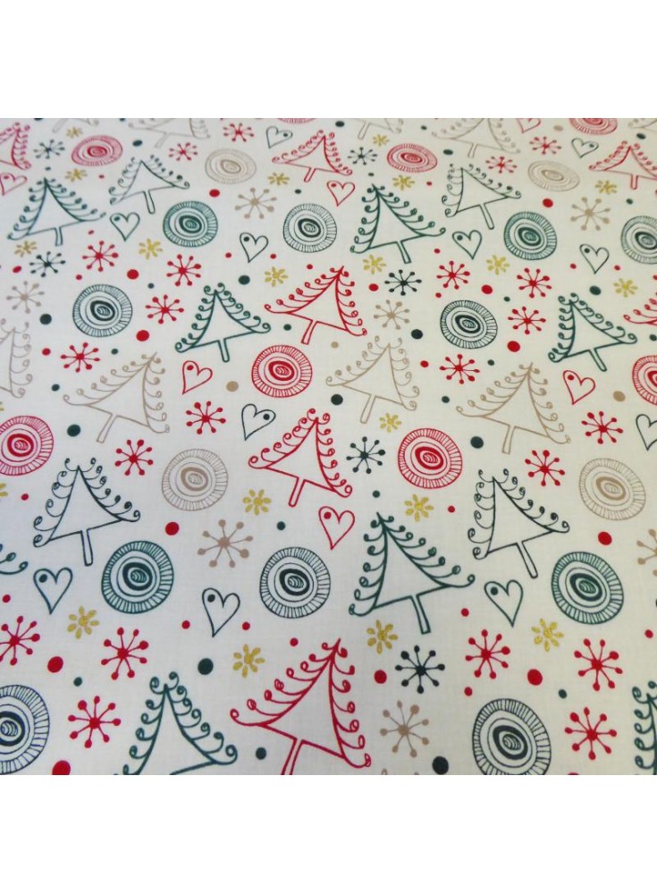 Coton de noël sapin vert/ rouge fd blanc