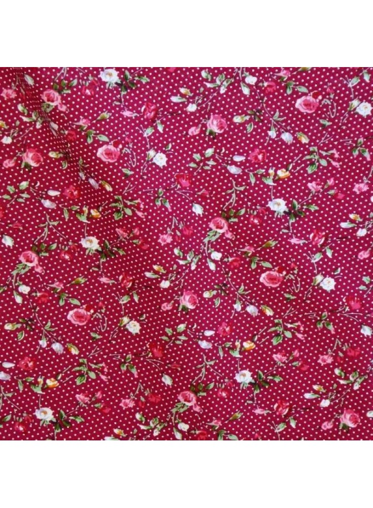 Popeline framboise pois et fleur rose