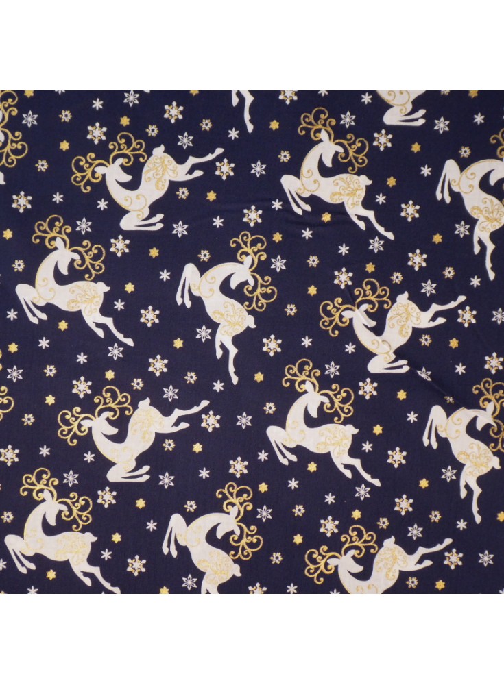 Coton de Noël Renne blanc/or fd Bleu