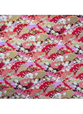 Coton Motif Japonais Rouge / Or